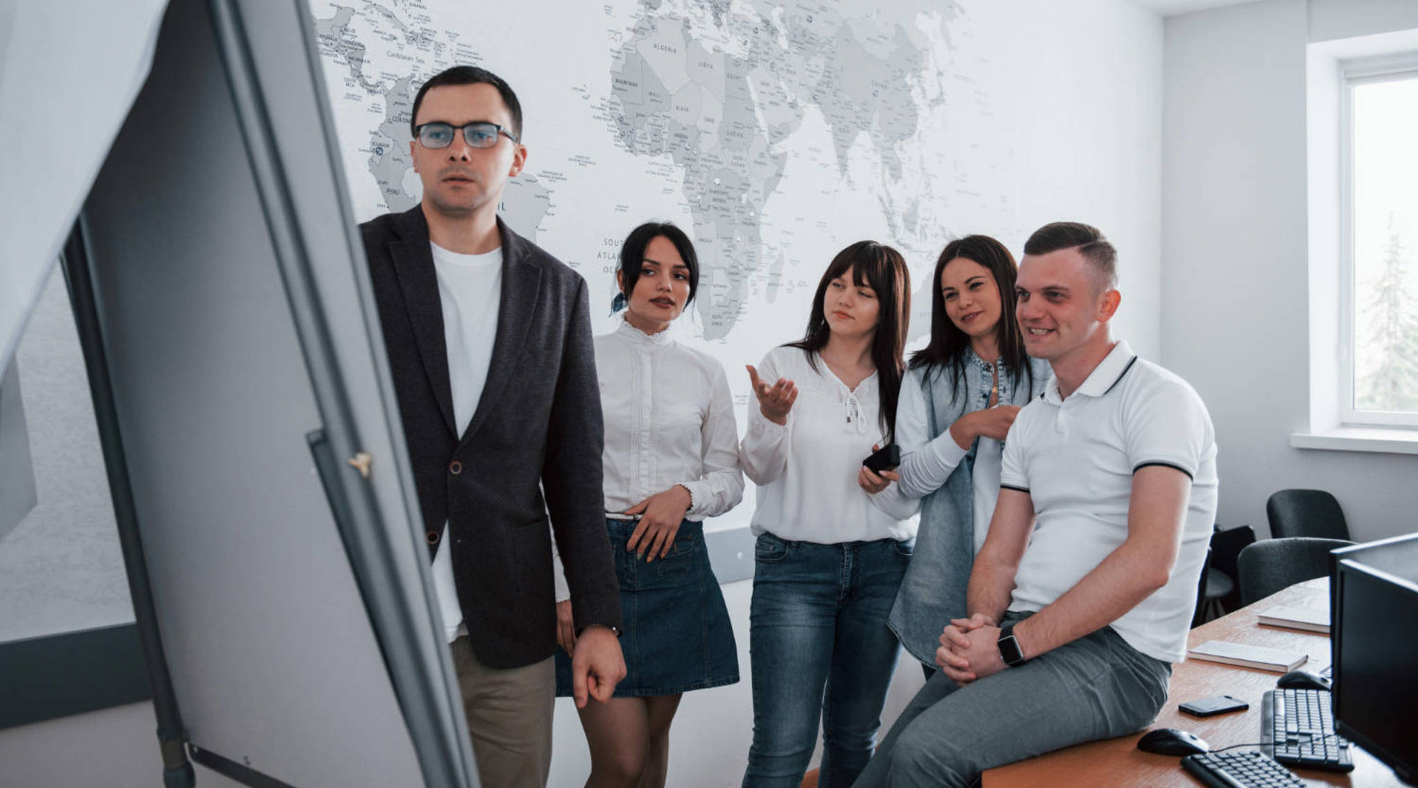 Image girl is confused business people and manager working on their new project in classroom